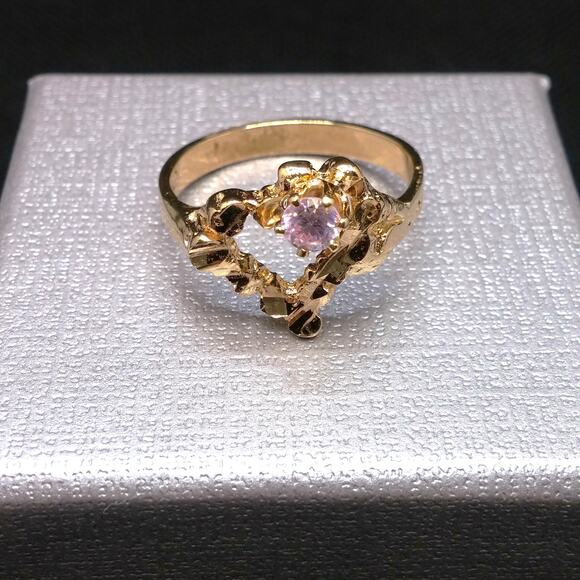 Vintage Hammered Heart Ring Pink Faceted CZ Stone Gold Nugget Rare Art Nouveau - Picture 4 of 15